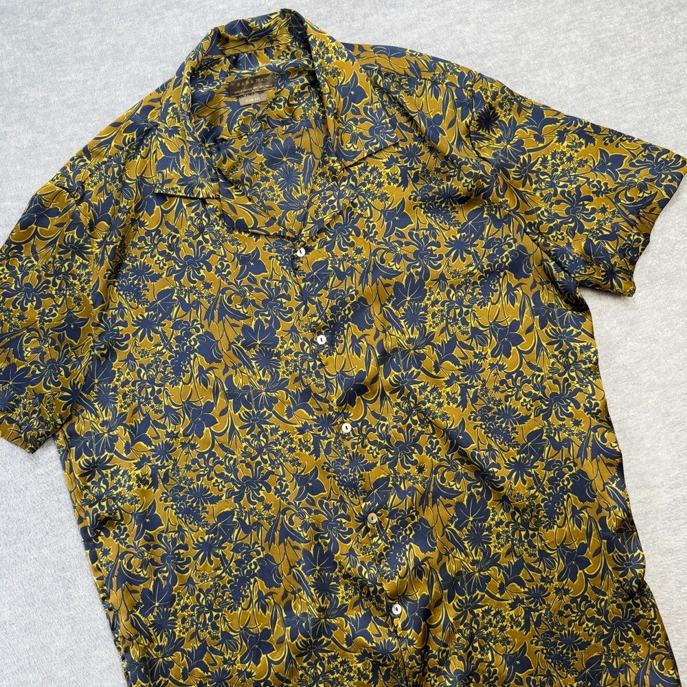 Zara Shirt Mens Large Slim  Blue Gold Floral Silky Camp Button Up Party Resort